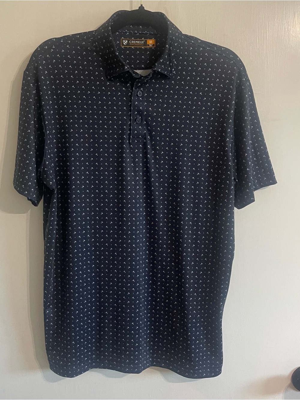 Cremieux Navy Polo with Small White Geometric Motif Performance Fabric